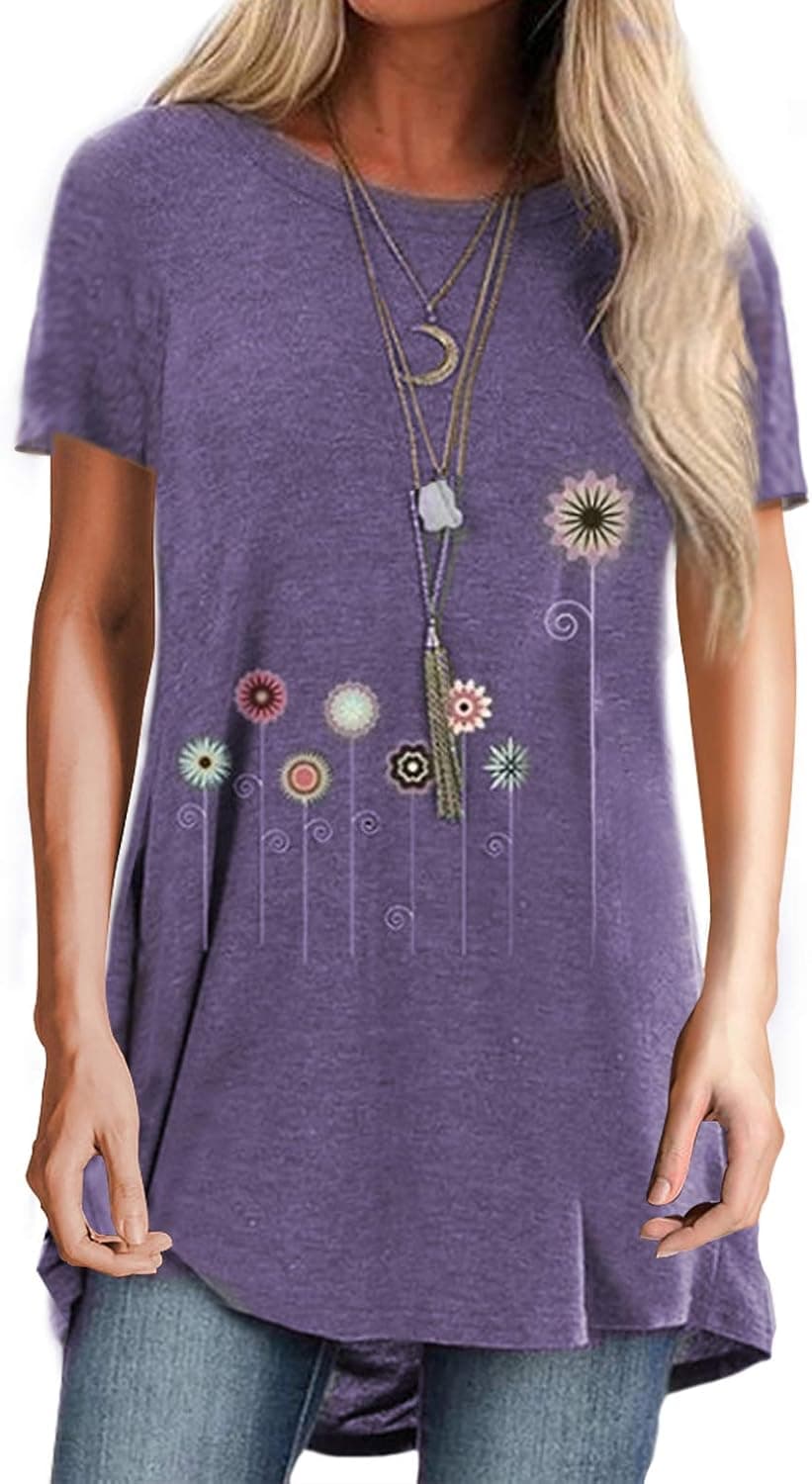 Mansy Womens Casual Basic Round Neck Short Sleeve Floral Dandelion Print Summer Cotton T-Shirt Tunic Tops Plus Size
