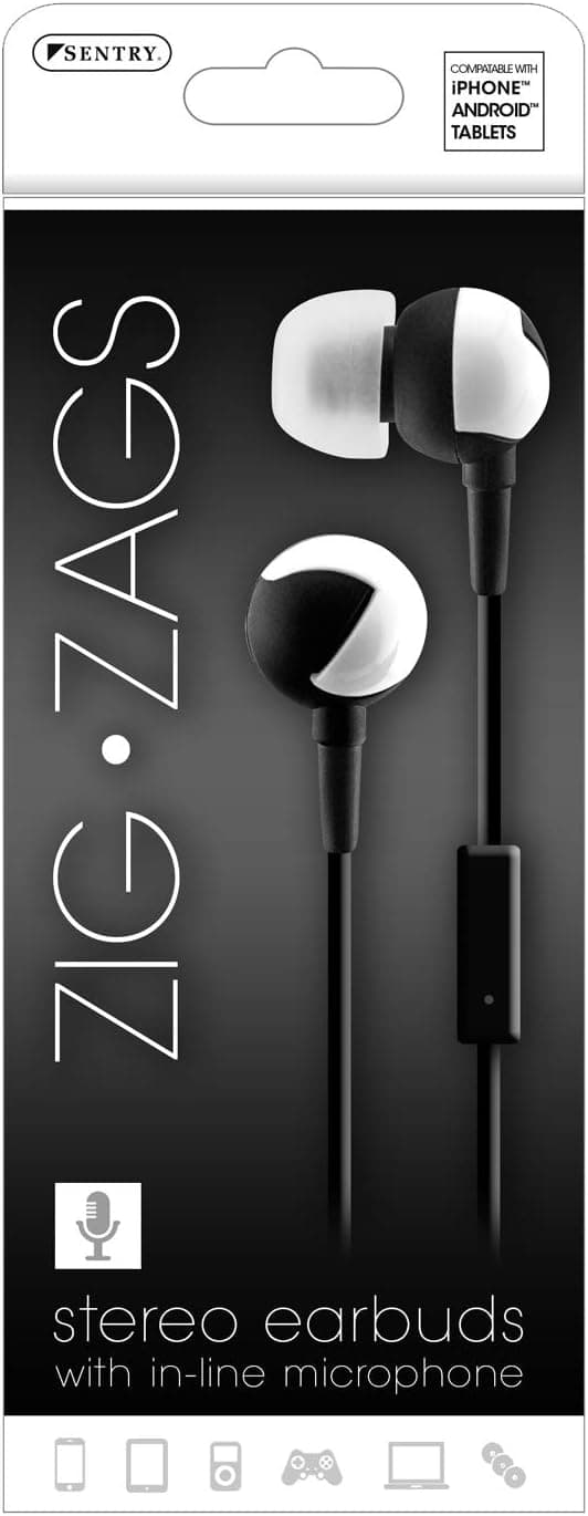 Zig-Zags In-Ear Stereo Earbuds Noise Reduction Buds Compatible With MP3, iPOD, Computer, Laptop...Black & White..mtc