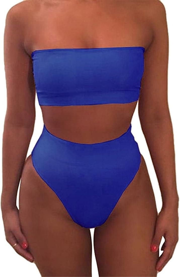 Huiyuzhi Women's Strap Wrap Tube Top High Waist Bikini Set Bathing Swimsuit (M, BLue)