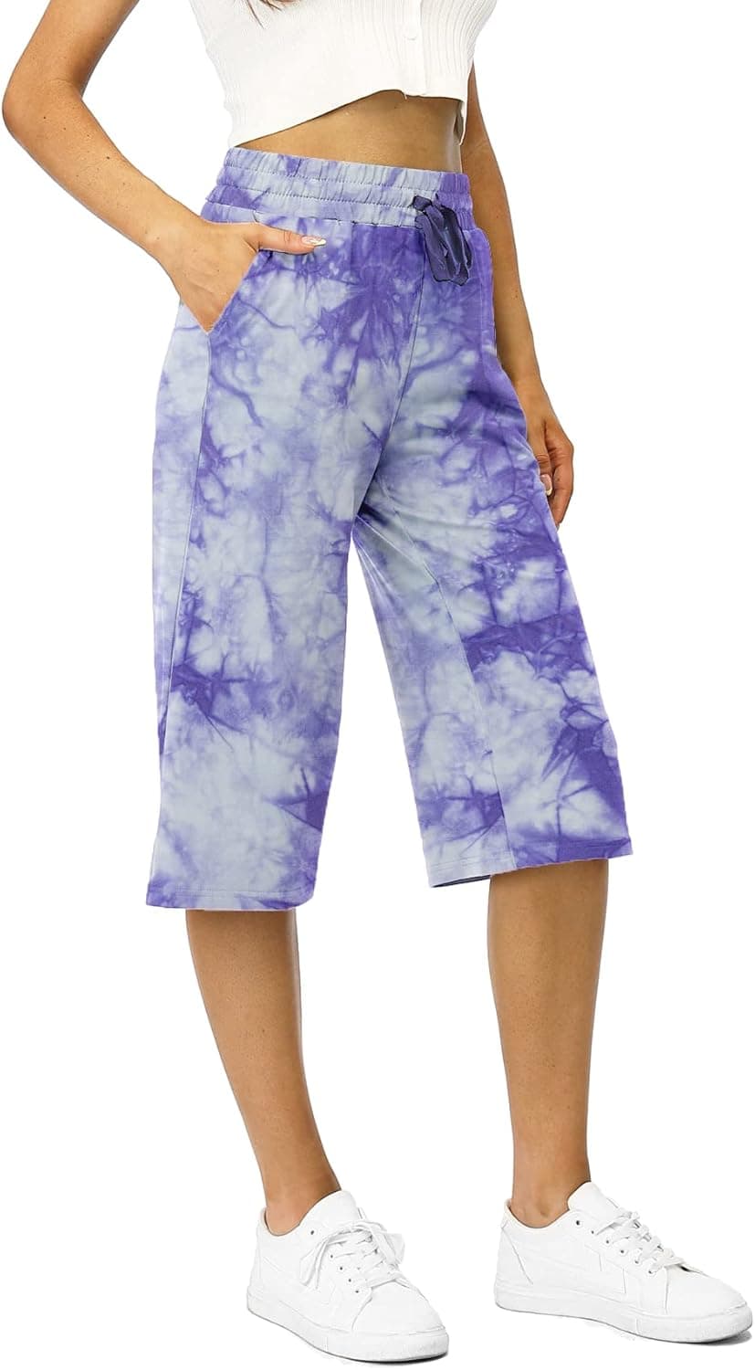 RESHE Active Women's Fashion Lightweight Stretch Drawstring Capri Pants Crop Pants with Pockets （Tie Dye, Small）