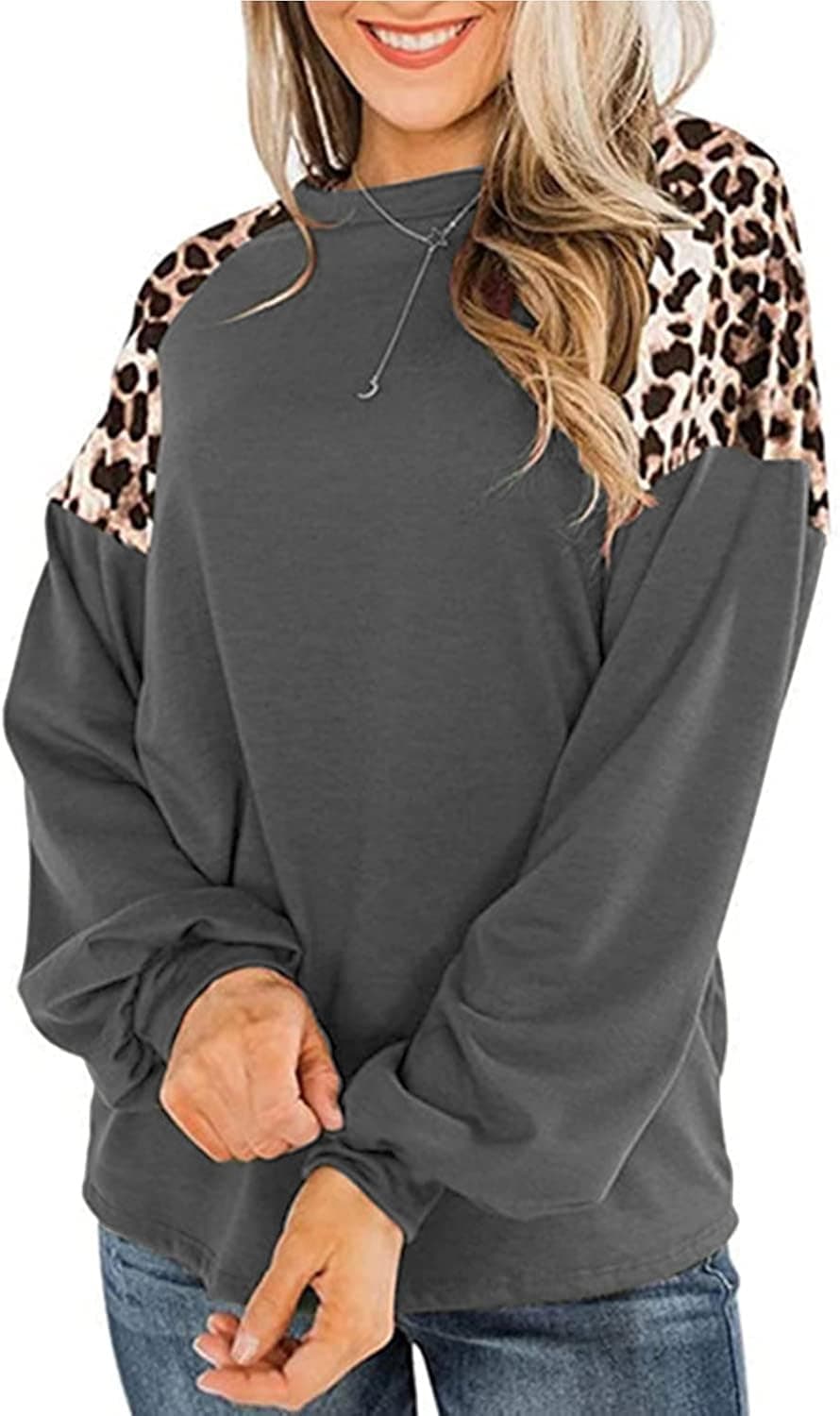 Womens Leopard Print Long Sleeve Shirts Fall Casual Crewneck Color Block Tops Sweatshirts