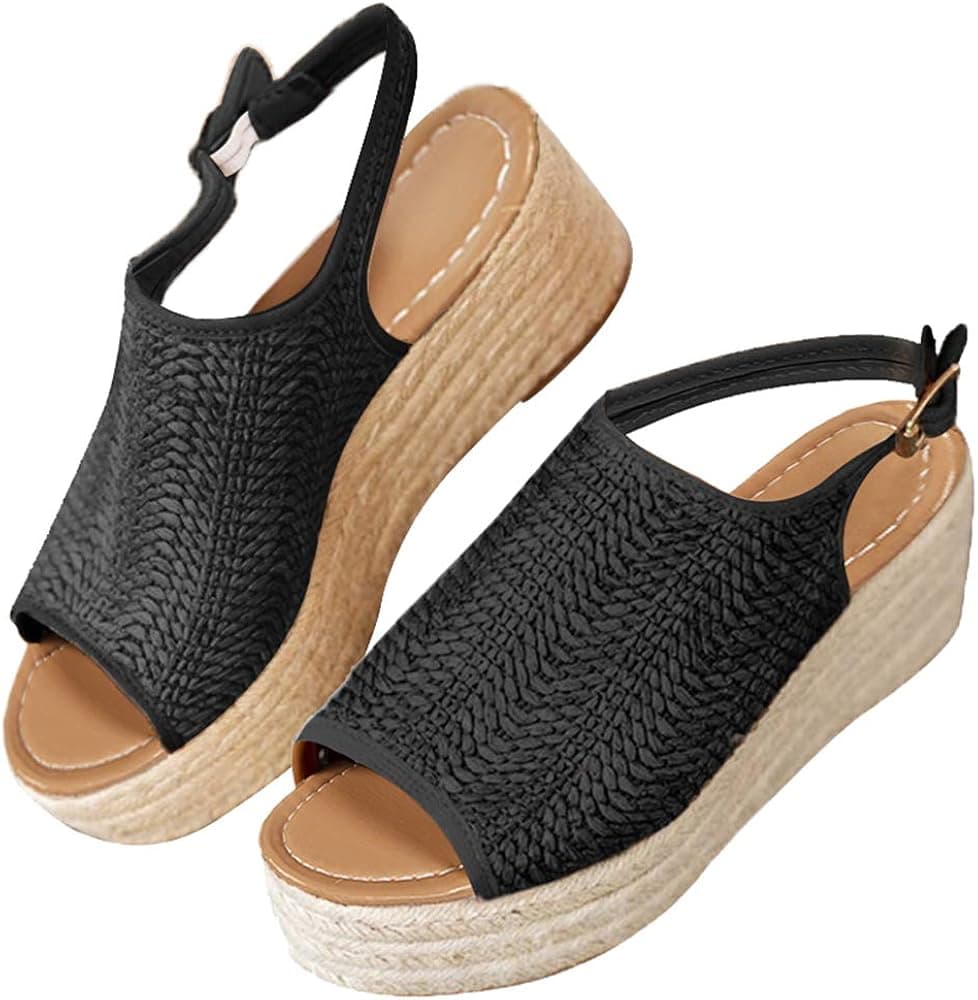 Blivener Espadrille Wedge Sandals Casual Summer Peep Toe Slingback Platform Sandals Shoes BLACK35 (5.5)