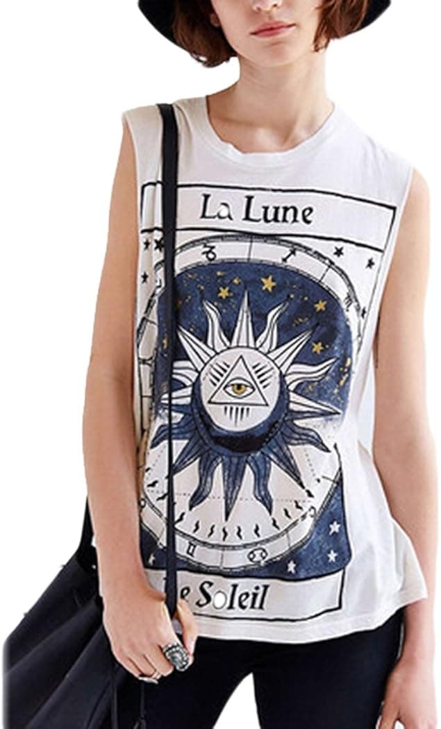 OURS Womens Sleeveless Sun & Moon Printed Casual Loose Tank Top T-Shirt (S, White)