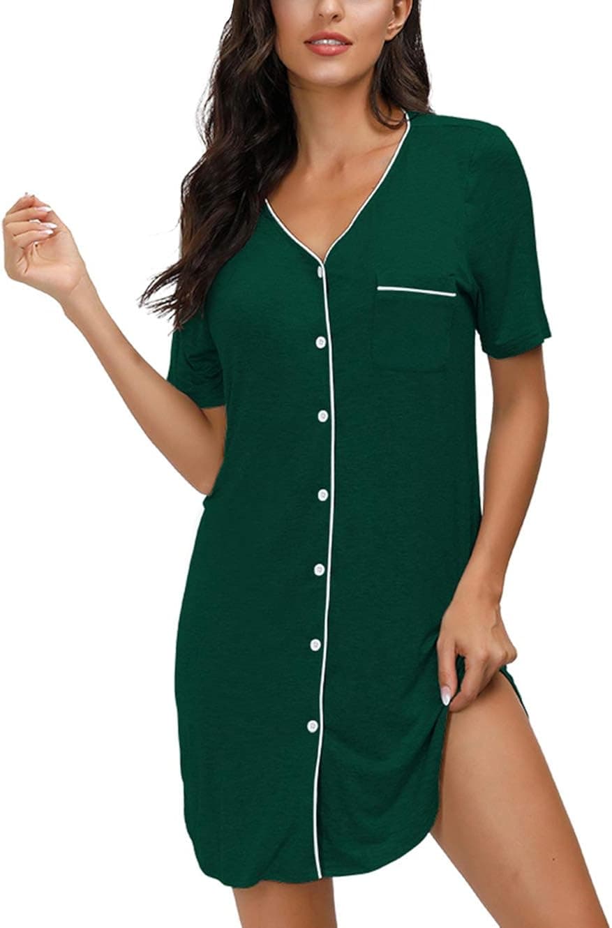 uideazone Women Loungewear Short Sleeve Button Front Plain Midi Dress Boyfriends Pajama Shirt, Green, Small