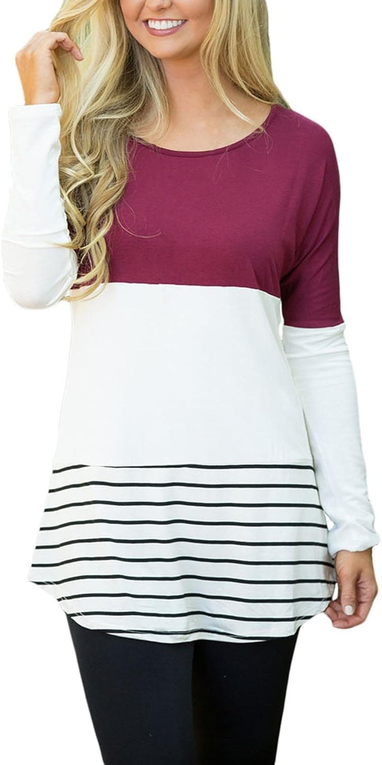 FARYSAYS Women's Color Block Striped Crewneck Patchwork Long Sleeve Comfy Loose Fit Tunic Tops, Large