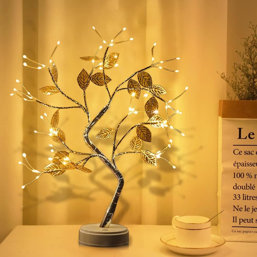 WANTFUN 20 inch Tabletop Bonsai Tree Light with 108 LED Lights - USB/Battery Touch Switch, Fairy Spirit Light Tree Celtic Serenity, Artificial Lighted Tree Lamp for Living Room Home Decor, for Her, Women Goldleaf