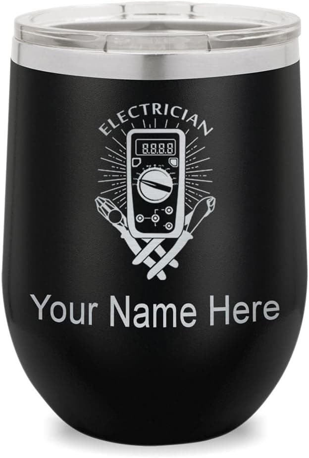LaserGram Double Wall Stainless Steel Wine Glass Tumbler, Electrician, Personalized Engraving Included (Black)