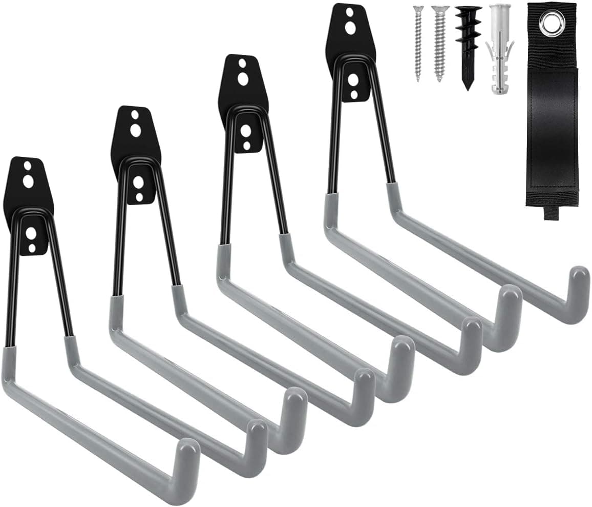 Steel Garage Storage Hooks LUYE Garage Hooks with Storage Strap for Garage Organization,Garage Hooks Heavy Duty,Utility Hooks Hangers for Garden Yarn Tools,Ladder,Bulky Items 4 Pack