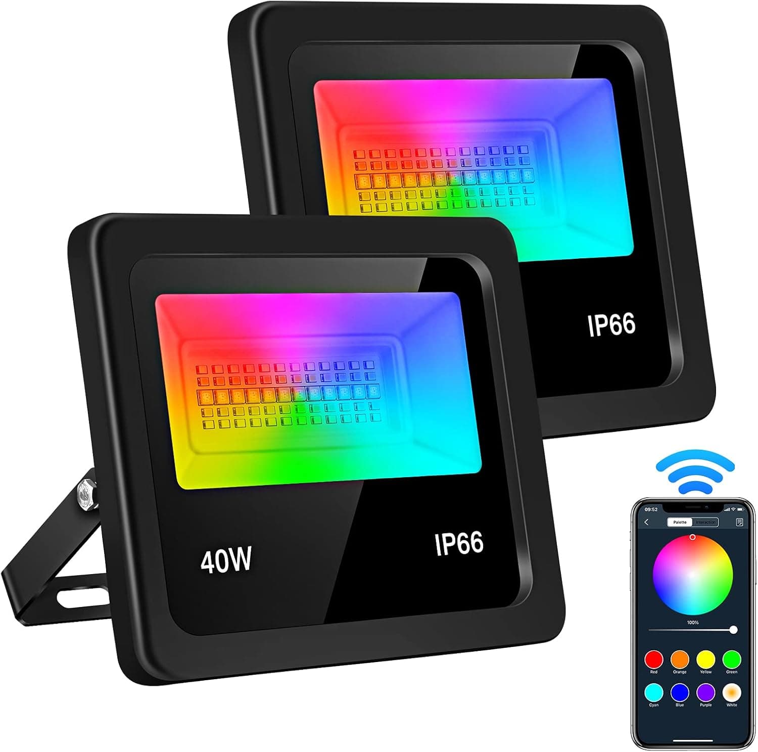 40W Flood Lights 2 Pack, OPPSK RGB Color Changing LED Floodlights APP Control, 2700K & 16 Million Colors IP66 Waterproof Stage Landscape Lighting for Garden Stage