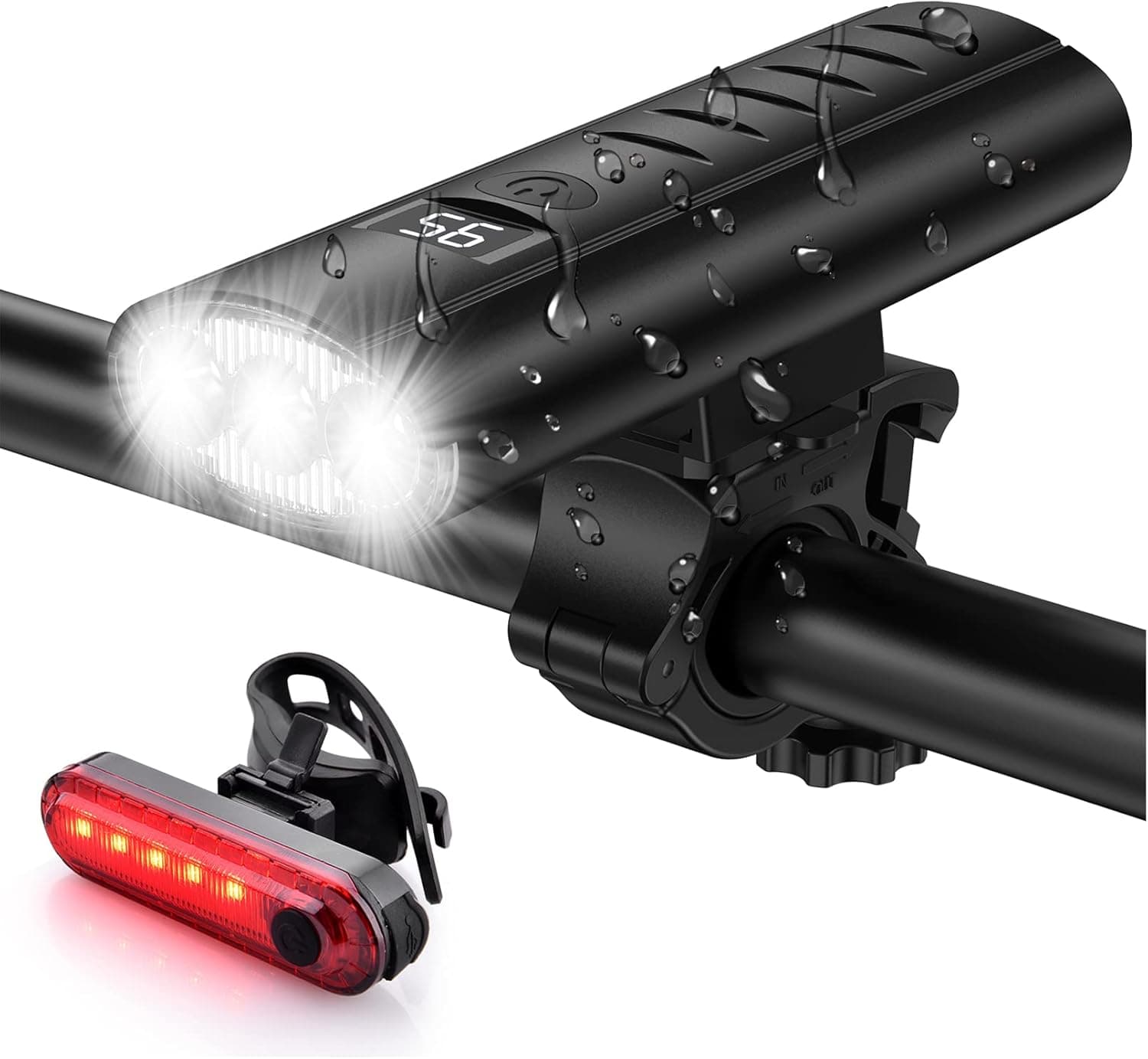 Bike Light Set USB Rechargeable - 5400mAh Bike Headlight & Taillight with Digital Display,3 LED Super Bright 1600 Lumen 6 Lights Modes for All Bicycles, Road, Mountain, Night Riding