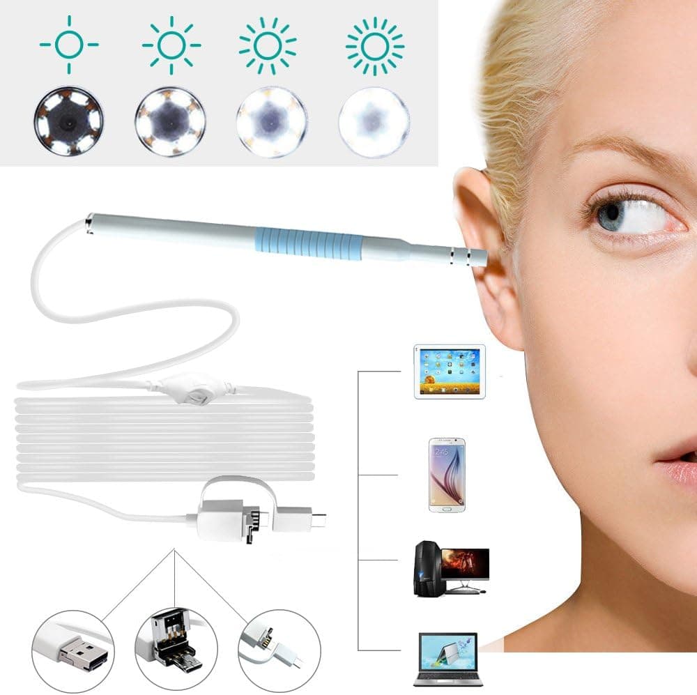TECKEPIC 3 in 1 Borescope Inspection Camera USB Ear Cleaning Endoscope Waterproof Visual Earpick with Adjustable Led Earwax Clear Remover Tool for OTG Android Micro USB, PC, MAC, Blue&White