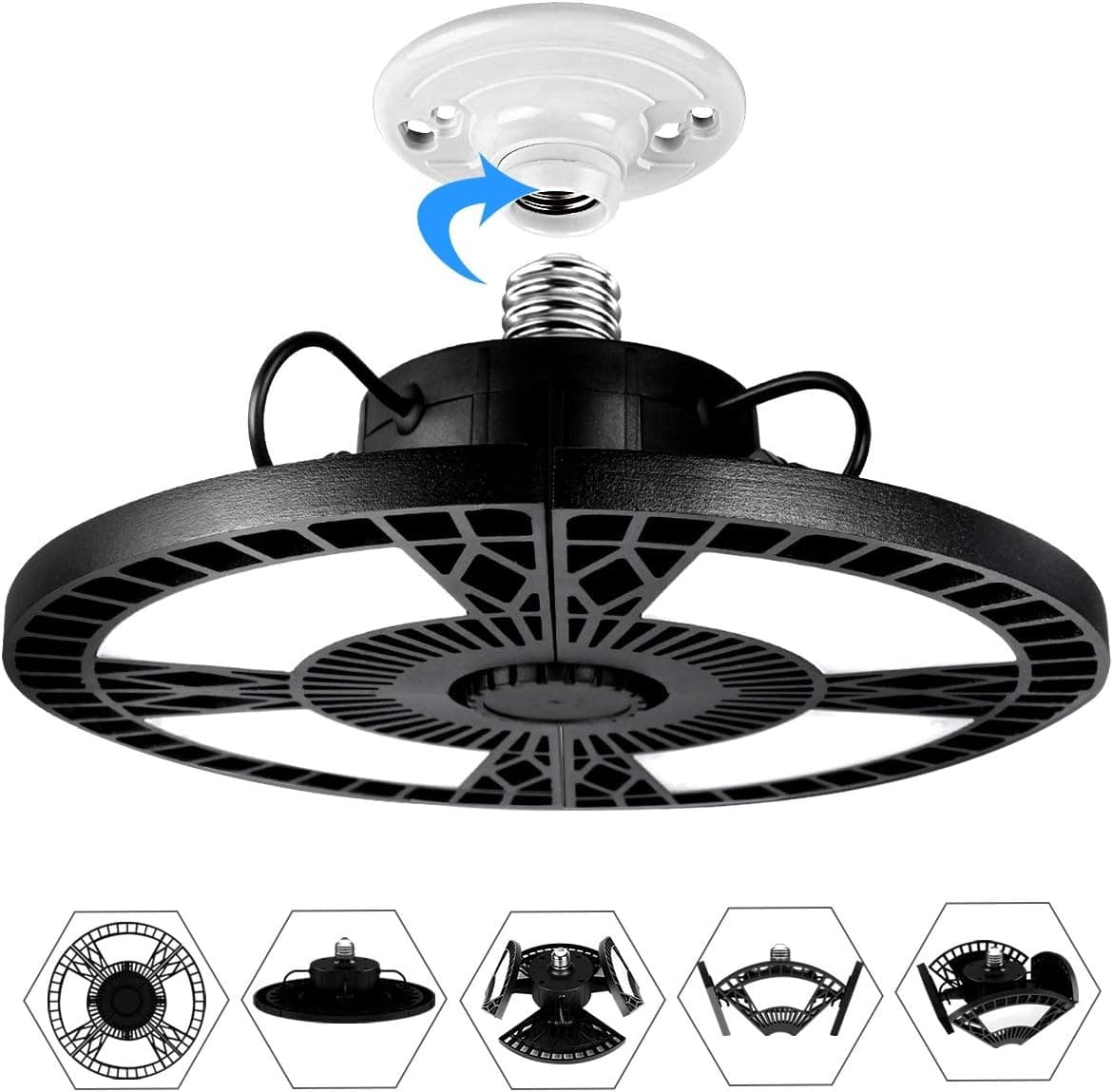 QiMH LED Garage Lights,60W 6000K 6000LM Deformable Garage Lights Ceiling LED,CRI80 Eye Protect Solid Metal Basement Lights for Shop,Warehouse,Barn