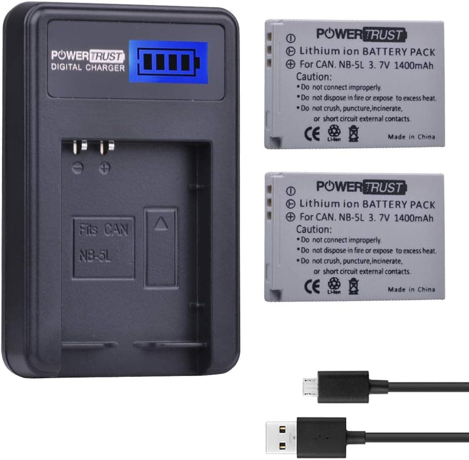PowerTrust 2-Pack NB-5L Battery and LCD USB Charger for Canon PowerShot S100, S110, SD700 is, SD790 is, SD800 is, SD850 is, SD870 is, SD880 is, SD890 is, SD900 is, SD950 is, SD970 is, SD9