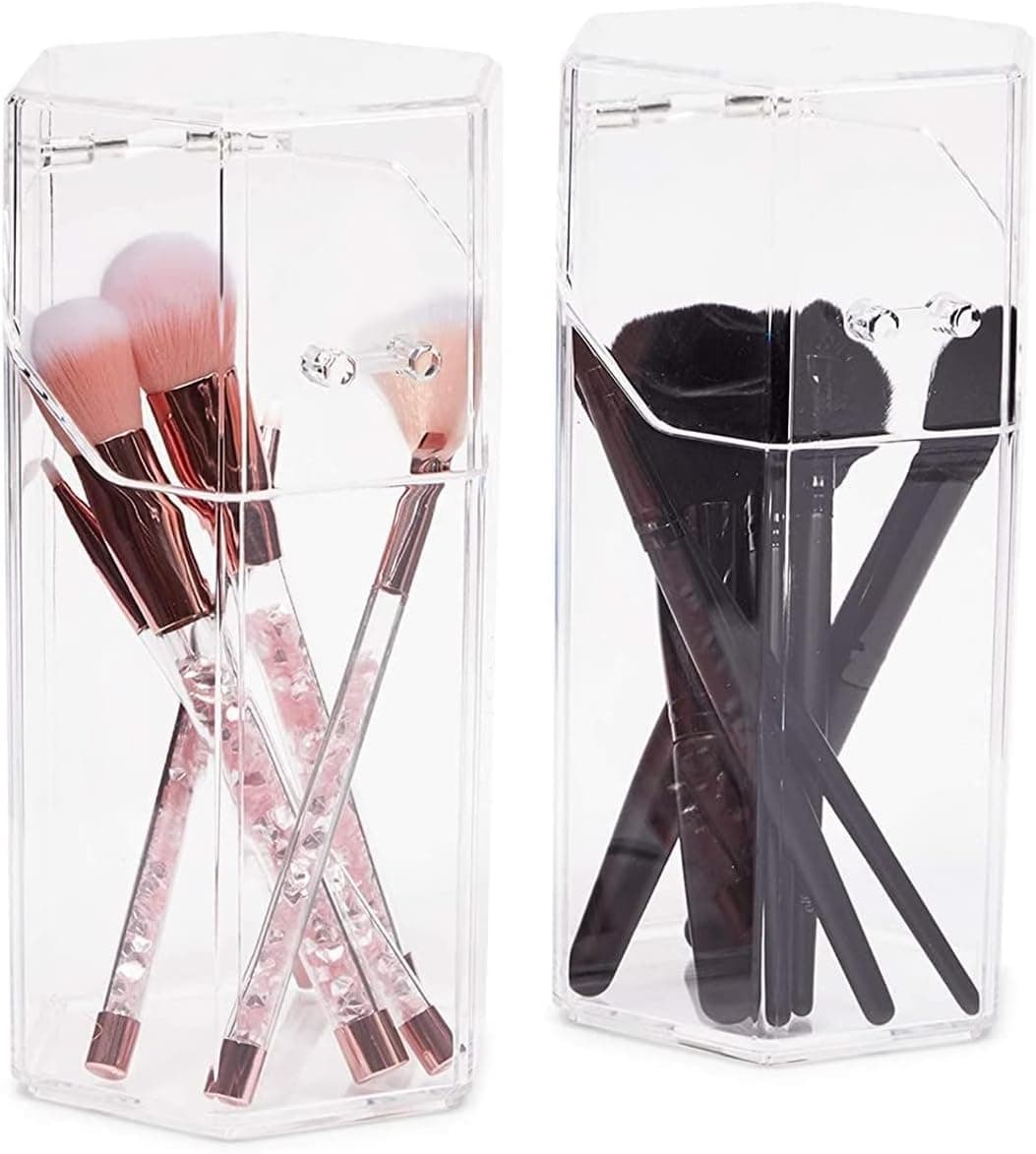 Glamlily 2-Pack Clear, Hexagon Acrylic Makeup Brush Holder with Lids, Cosmetic Organizer and Storage for Brushes, Mascara, Eyeliner, Beauty Supplies (4.3x4x8 in)