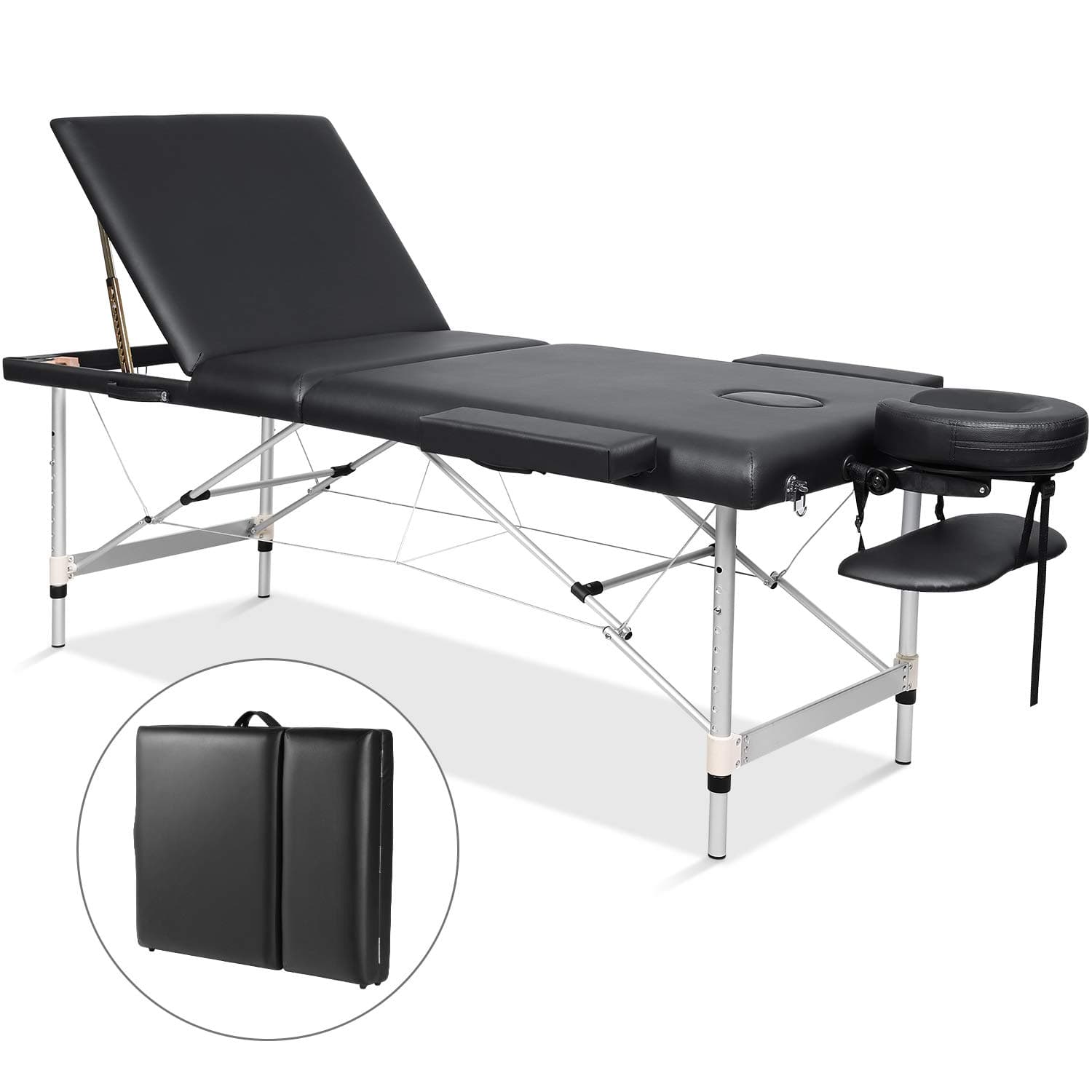 Massage Table Portable Massage Bed Aluminum 3 Section 9 Height Adjustment with Headrest, Armrests, and Hand Pallet, 496lbs Capacity