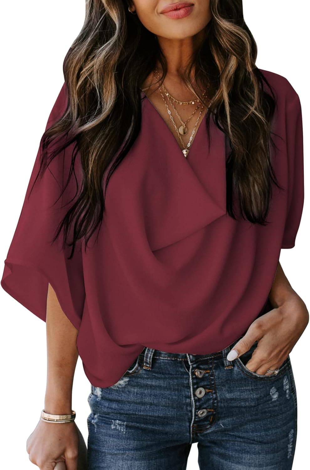 Dokotoo Blouse for Women 3/4 Sleeve Summer Tops for Women Sexy Casual V Neck Solid Color Ladies Wrap Draped Front Chiffon Shirts for Women Fashion 2022 Red Medium