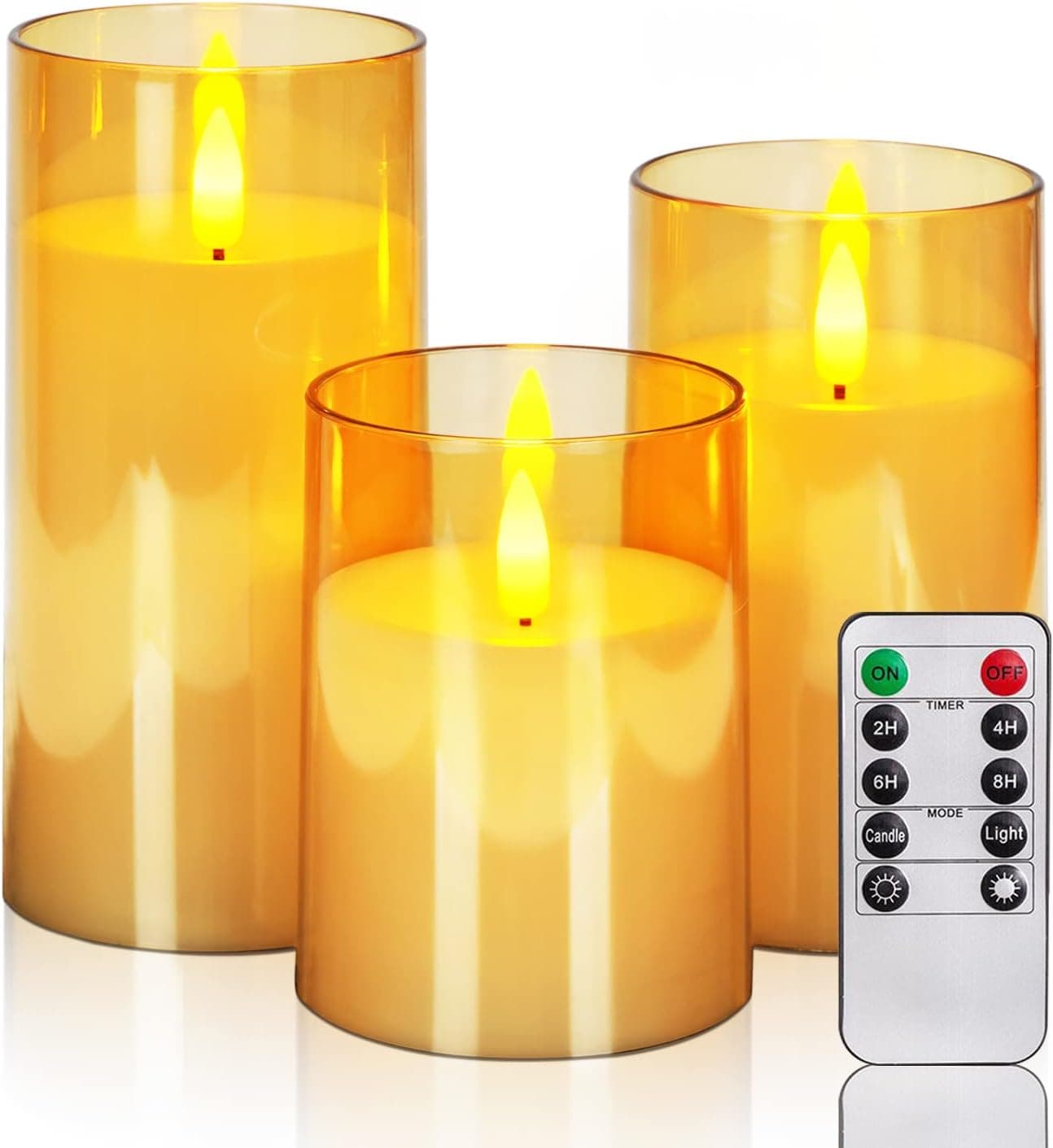 Raycare Battery Operated Flameless Candles, 3Pack LED Flickering Flameless Candles with Remote and Timer, 10-Key Remote Control Flameless Fake Pillar Candles for Home Wedding Party Decor (Gold)