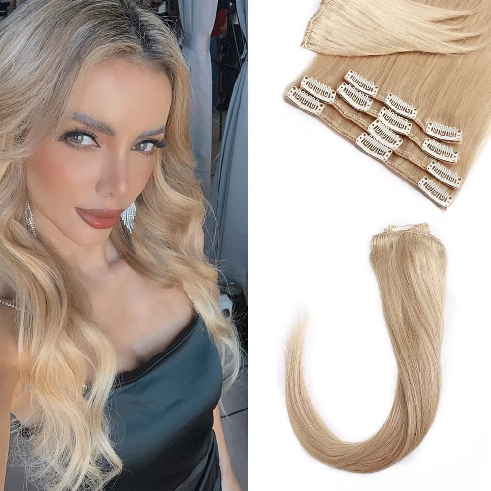 Benehair Clip In Hair Extensions Seamless Light Clip on Real Hair Weft 8pcs 24inch Remy Human Hair Extensions Silky Straight Natural Hair Extensions Real Human Hair Highlighted Natural Blonde