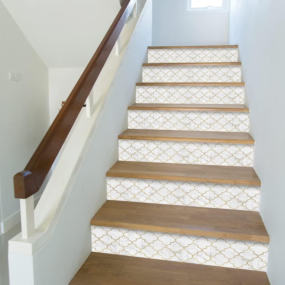 funlife 13Pcs Scandinavian Style Stair Riser Peel and Stick Vinyl Decals, Self-Adhesive Staircase Stickers, 39.37"x7.09" Inlaid Gold Lantern Pattern