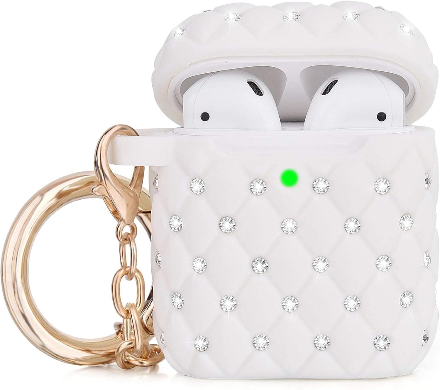 CAGOS for Airpod Case 2nd/1st Generation, Cute Rhinestone Earpods Case Protective Cover Accessories Keychain Compatible with Apple Airpods Gen 2 1st Case Women Girls, White
