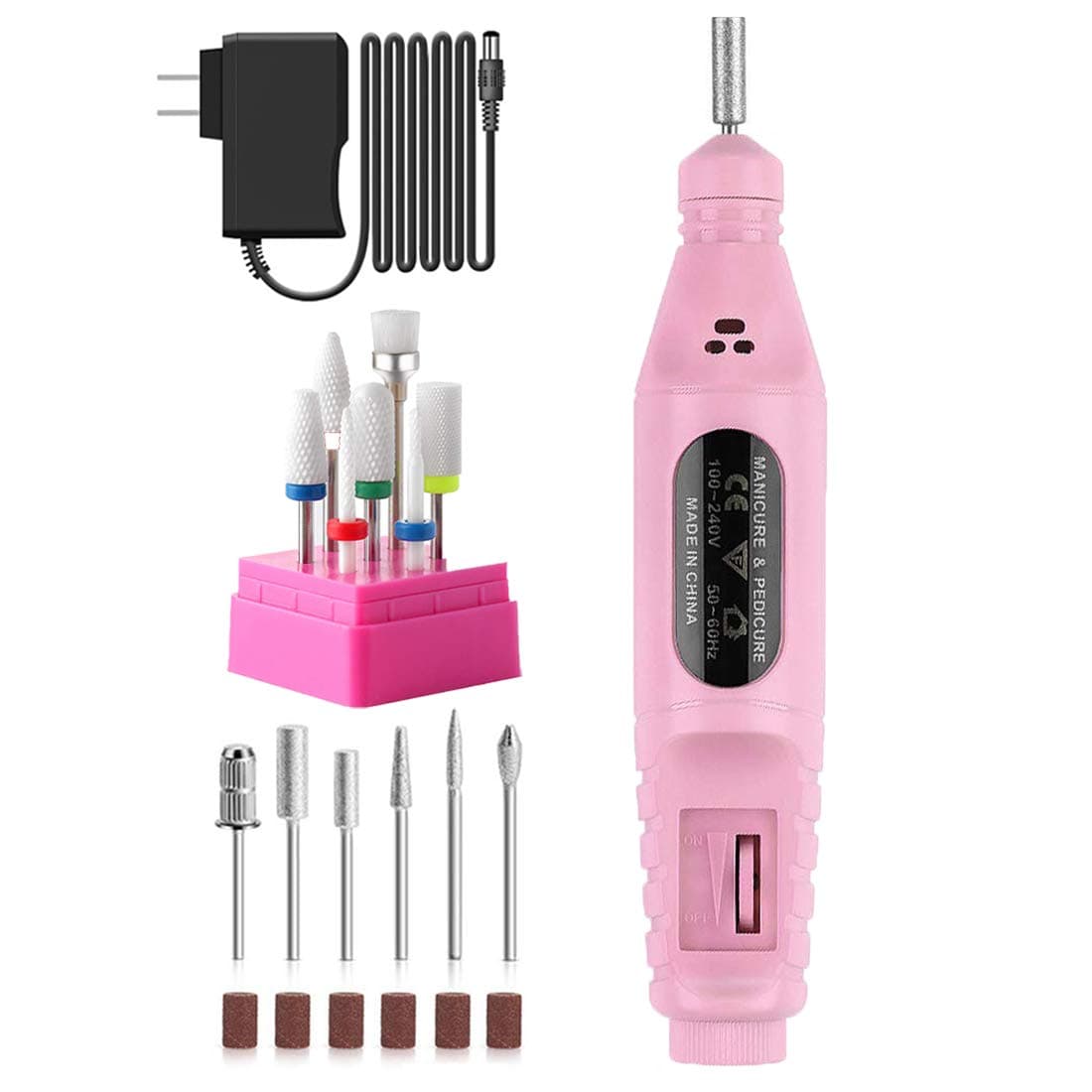 Electric Nail Drill- Nail Drills for Acrylic Nails with Ceramic Drill Bits 6pcs + Carbide Drill Bit 6pcs (PINK)