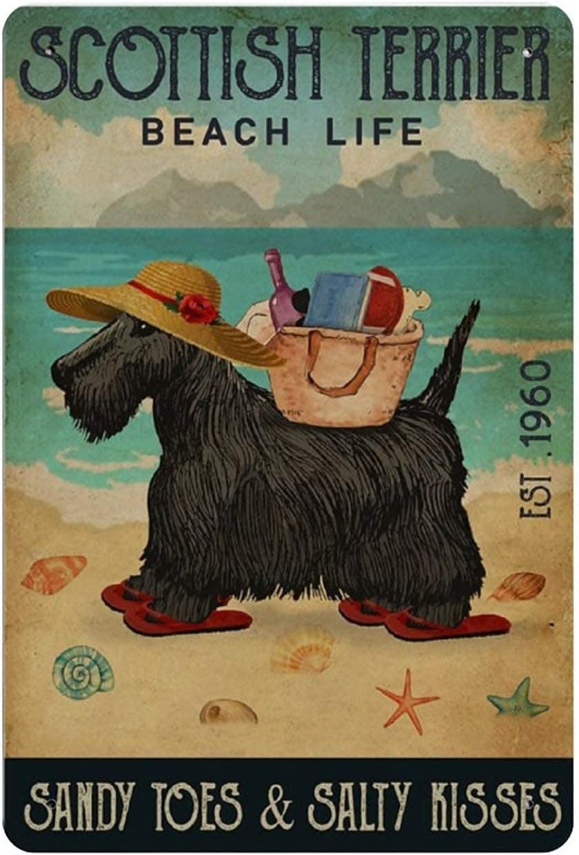 Scottish Terrier Beach Life Metal Tin Sign, Fun Bathroom Vintage Tin Signs Office Bar Sign Man Cave Decor Cafe Farmhouse Wall Decoration Art 12X18 Inches