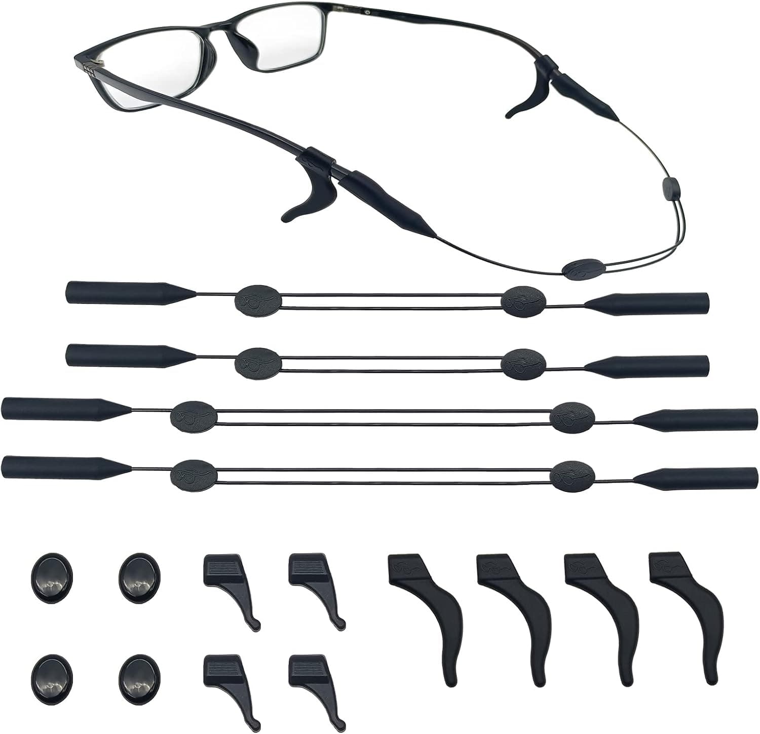 Adjustable Eye Glasses String Strap,Tailless Sunglasses String Holder Strap,With Ear Hook & Grips,Men,Women,Kids, Black