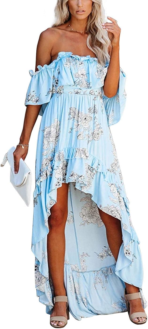 Yissang Women's Muti Color Strapless Tiered Ruffle Pleated Chiffon Crop Top with Maxi Long Skirt Set Dress