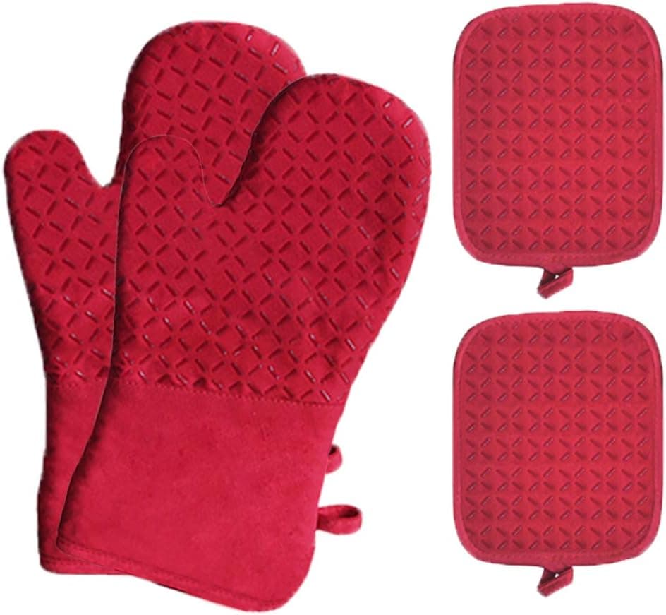4 Pcs Oven Mitts and Pot Holders Sets-1 Pair of Extra Long Heat Resistant Oven Gloves up to 500℉ Cooking Gloves with 2 PotHolders for Kitchen, Cooking, Baking,BBQ (red)