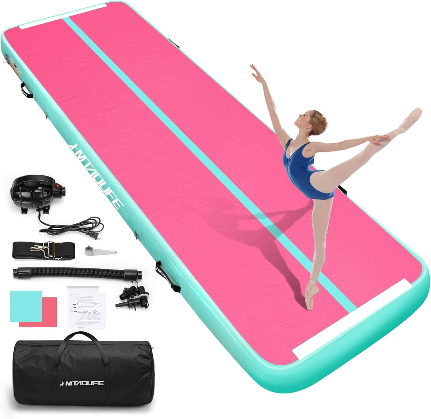 Tumble Track Gymnastics Air Mat[with SHOULDER STRAP], HMTAOLIFE 6.6/10/13/16/20ft Inflatable Training Mat for Kids, Thickness Floor Mat with Electric Air Pump for Home/Water Fun/Train