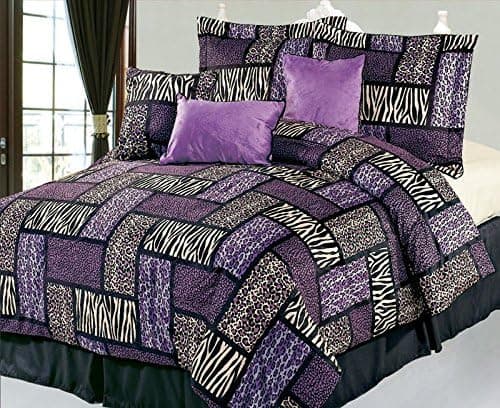 KingLinen 7Pcs Queen Safari Purple and Black Patchwork Micro Suede Comforter Set