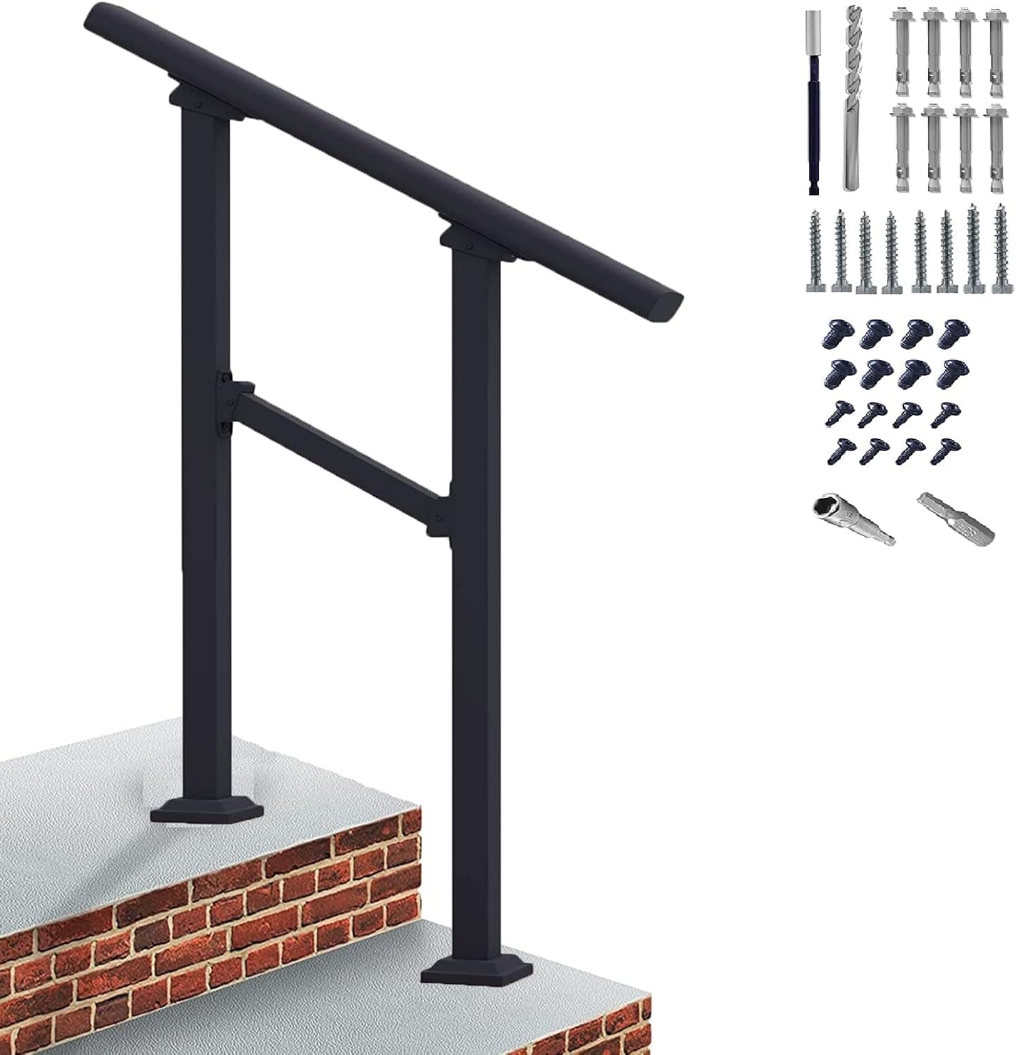 Handrails for Outdoor Steps 2 Steps Handrail - Black Outdoor Hand Rails for Steps,Transitional Handrail with Installation Kit,Hand Rails for Outdoor Steps