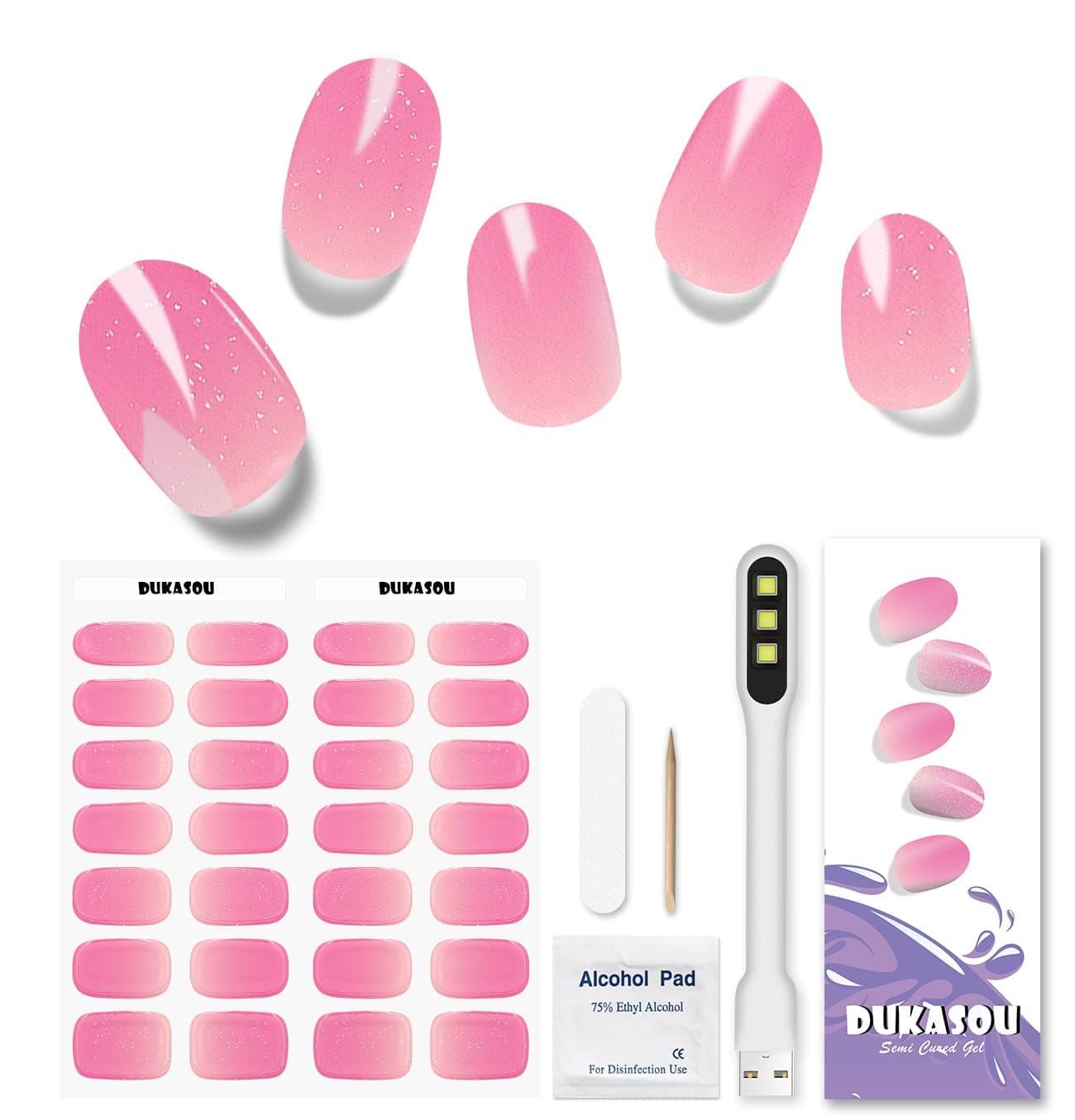 DUKASOU Semi Cured Gel Nail Strips, 28pcs Real Nail Polish Art Stickers/Wraps with UV/LED Light, Includes Prep Pads, Nail File & Wood Stick, Sticker Nails for Women Girls Kids Diy Decorations Birthday Party Favor Gifts(Pink Purple)