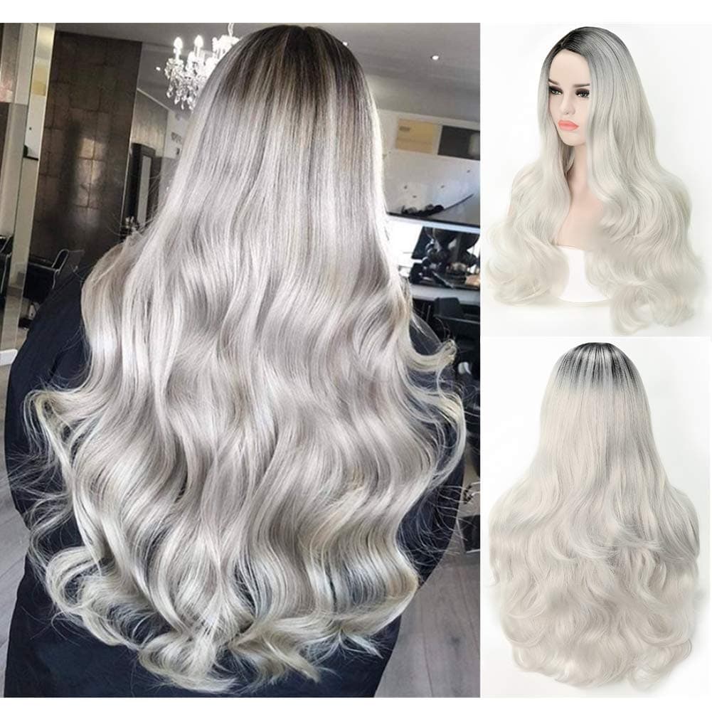 Long Gray Wavy Wigs, Ombre Wig Two Tones Black To Silver Gray Synthetic Wigs Heat Resistant Long Wavy Side Part Cosplay Hair Wigs For Women