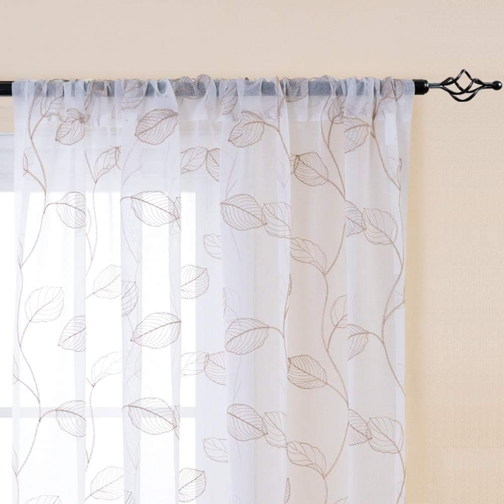 Vangao Embroidered Tier Curtains for Kitchen Grey Leaf Floral Sheer Curtains,Rod Pocket Voile, Set 45" L,Taupe