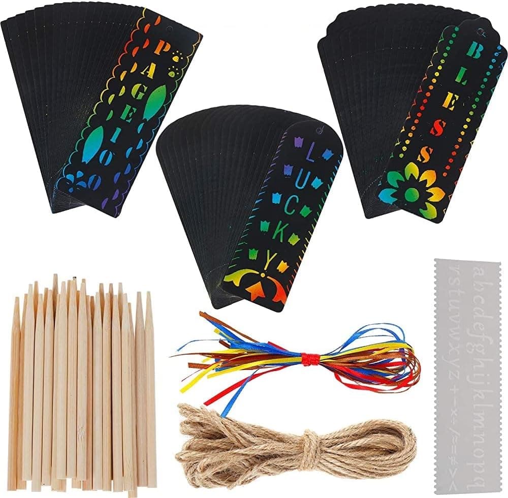 Omigga 75 Sets Rainbow Scratch Paper Art Scratch Bookmarks Scratch Off  Notes with 8 Style Painting Stencil Satin Ribbons Bamboo Stylus and Twine for Children Kids DIY Tags