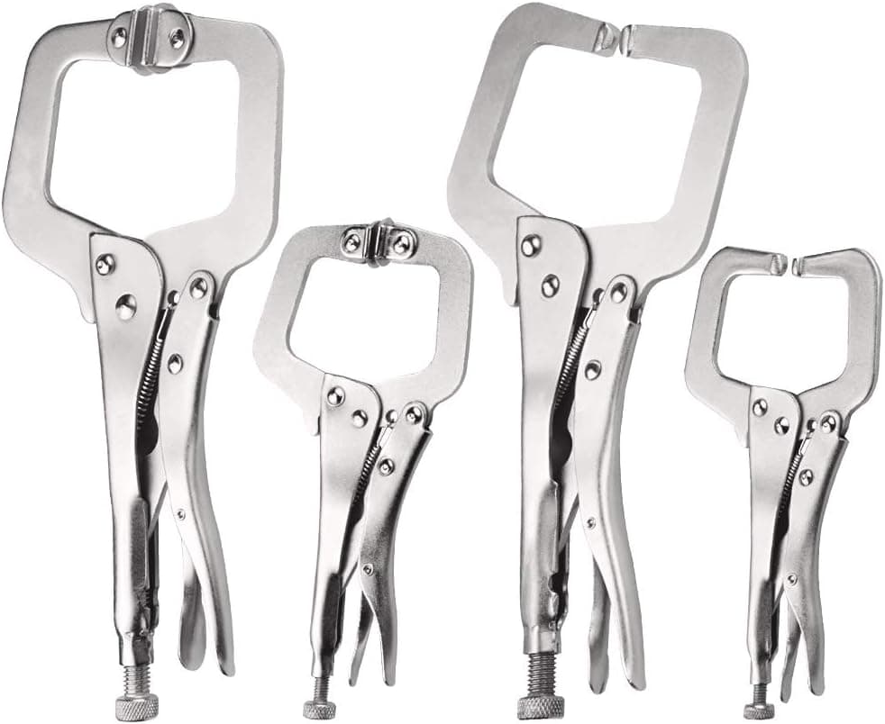4 Piece C-Locking Pliers, 6 Inch and 11 Inch C-Clamp Locking Pliers with Regular Tip and Swivel Pads, Nickel Plated C Pliers Welding Vise Grip Clamps for Woodworking, Welding, Clamping Car body Panel
