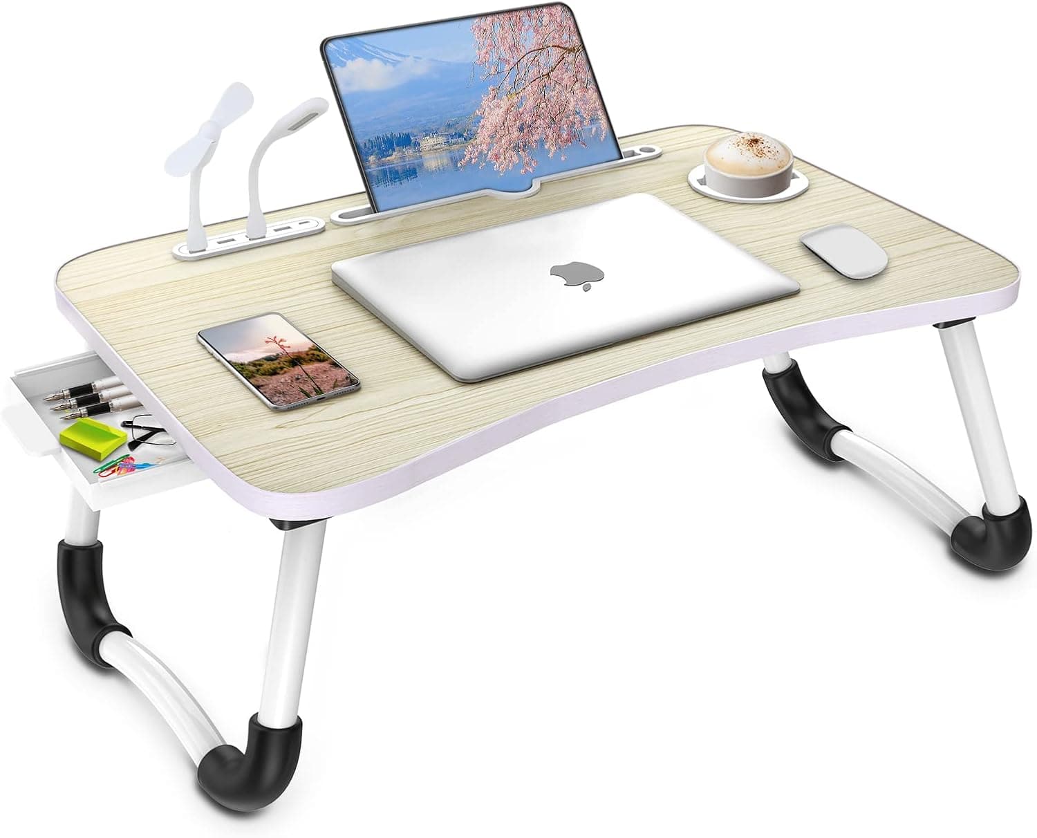 Zapuno Laptop Lap Desk, Foldable Laptop Table Tray with 4 USB Ports Storage Drawer and Cup Holder, Laptop Bed Desk Laptop Stand for Bed Lap Tray Portable Standing Table for Bed Couch Floor
