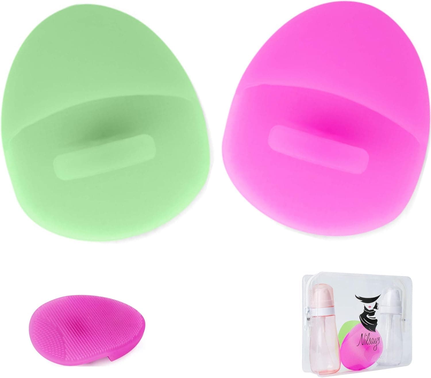 Nilsays 2 pcs Silicone Exfoliating and Cleansing Manual Face Scrubber Brush, Violet Red and Mint Green, 2 Pcs 100ml/3.4oz Clear and Rose Empty Refillable Spray Bottles, with Clear EVA Bag