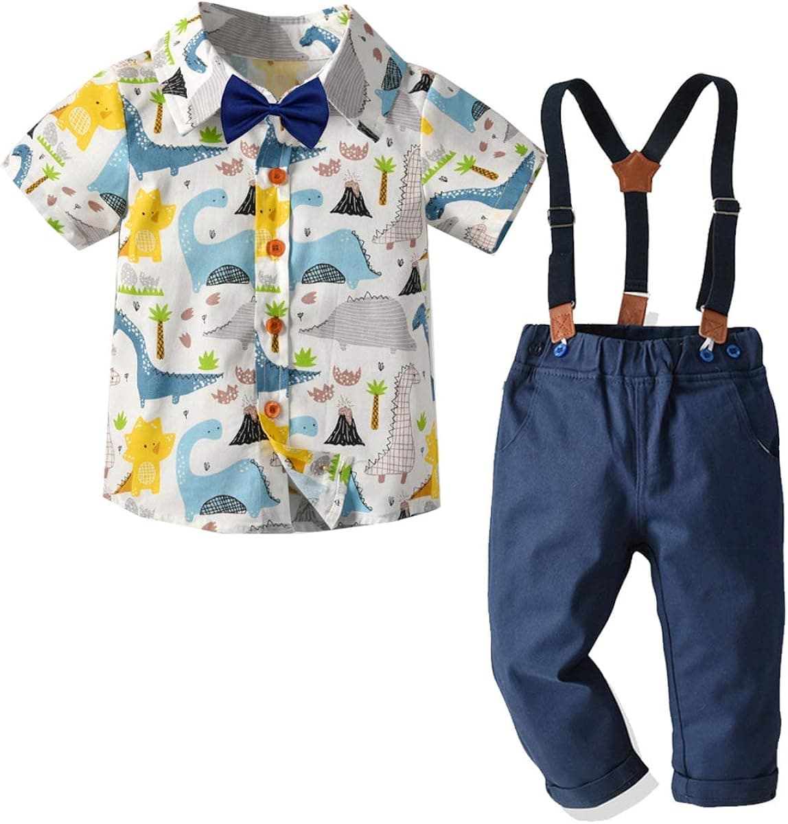 Little Baby Boy Cartoons Button Down T Shirt Dress Tops and Overall Bid Pants Gentlemen Outfit Casual 2pcs Summer Set