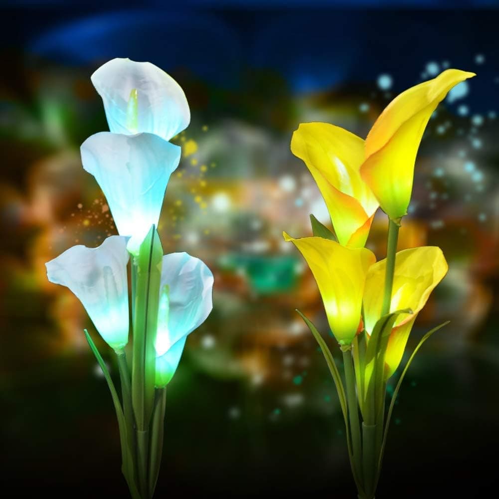 Garden Flower Lights Solar Powered - 2 Pack Outdoor Garden Decoration Stake Lights Calla Lily 7 Multi-Color Changing Waterproof LED Solar Lights for House, Garden, Yard, Patio, Backyard