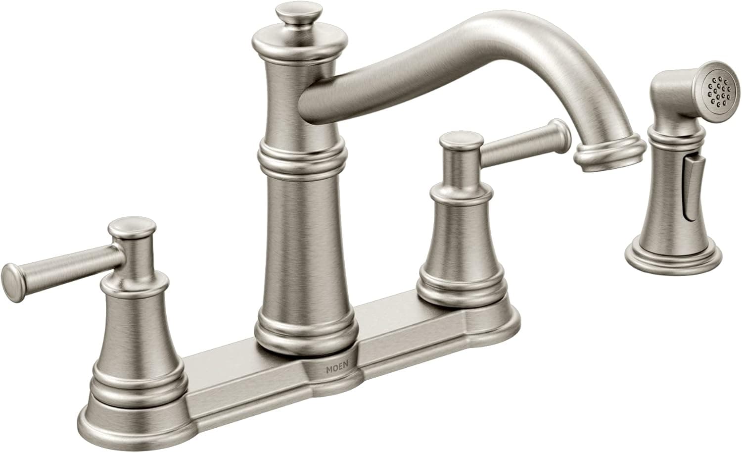 Moen 7255SRS Belfield Traditional Two Handle High Arc Kitchen Faucet with Side Spray, Spot Resist Stainless