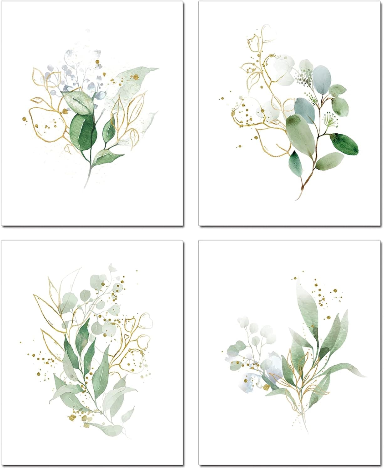 Fit Design Green Leaves Botanical Wall Art Prints Kitchen Canvas Painting Set of 4,Minimalist Nature Plant Decor Boho Eucalyptus Leaf Posters Photo Print for Bedroom Home Office (Unframed,8X10inch )