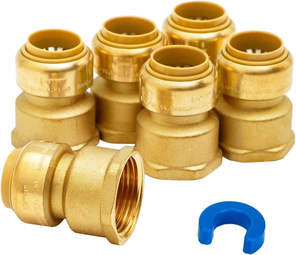 SUNGATOR 3/4 Inch x 1 Inch FNPT Water Softener Adapter, No Lead Brass Push-to-Connect Female Plumbing Fittings to Connect PEX, Copper, CPVC, With A Disconnect Clip, Pack of 6