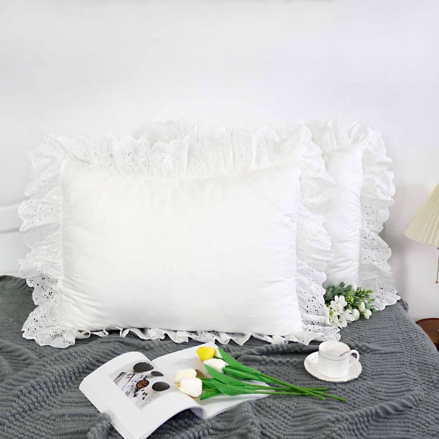 TEALP Decorative White Shams with Eyelet Ruffles Rustic Farmhouse Lace Shabby Soft Breathable Bridal Pure White Set of 2, White Cotton Queen Size 20x30 Shams