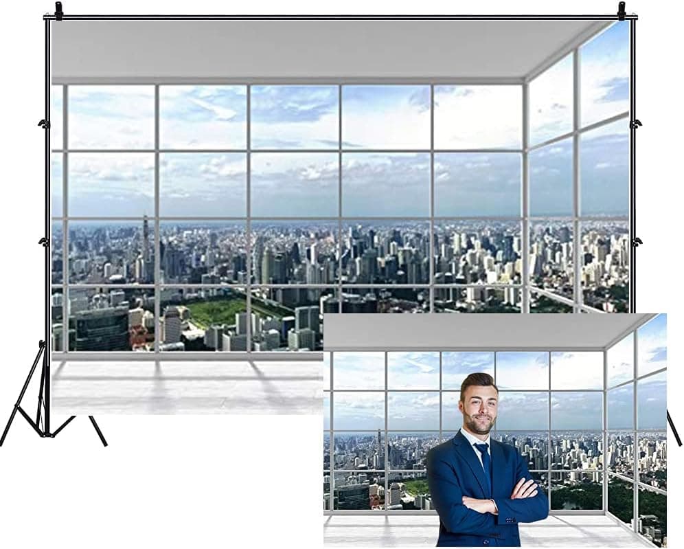 Leowefowa Vinyl 10x7ft Empty Business Office Backdrop Cityscape Aerial View Backgroud for Photography French Sash Window View Background Children Adult Portrait Selfie Props Studio Photo Booth Props