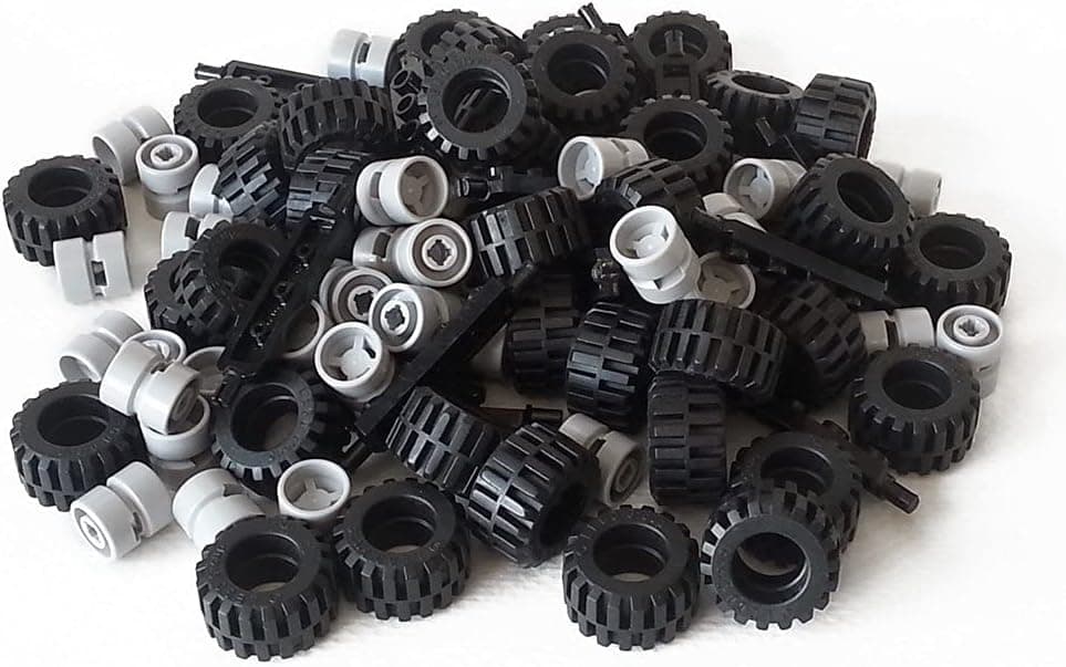 LEGO City Complete Wheel Assembly Lot, 20 Black Axles, 40 Black RUbber Tires, 40 Light Gray Wheels