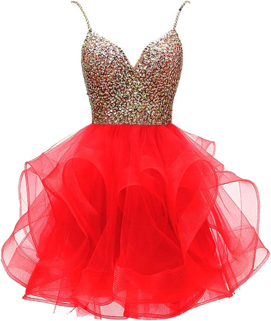 XIA Women's Spaghetti Strap Homecoming Dresses for Junior Crystal Beaded Organza Tiered Short Prom Cocktail Gowns