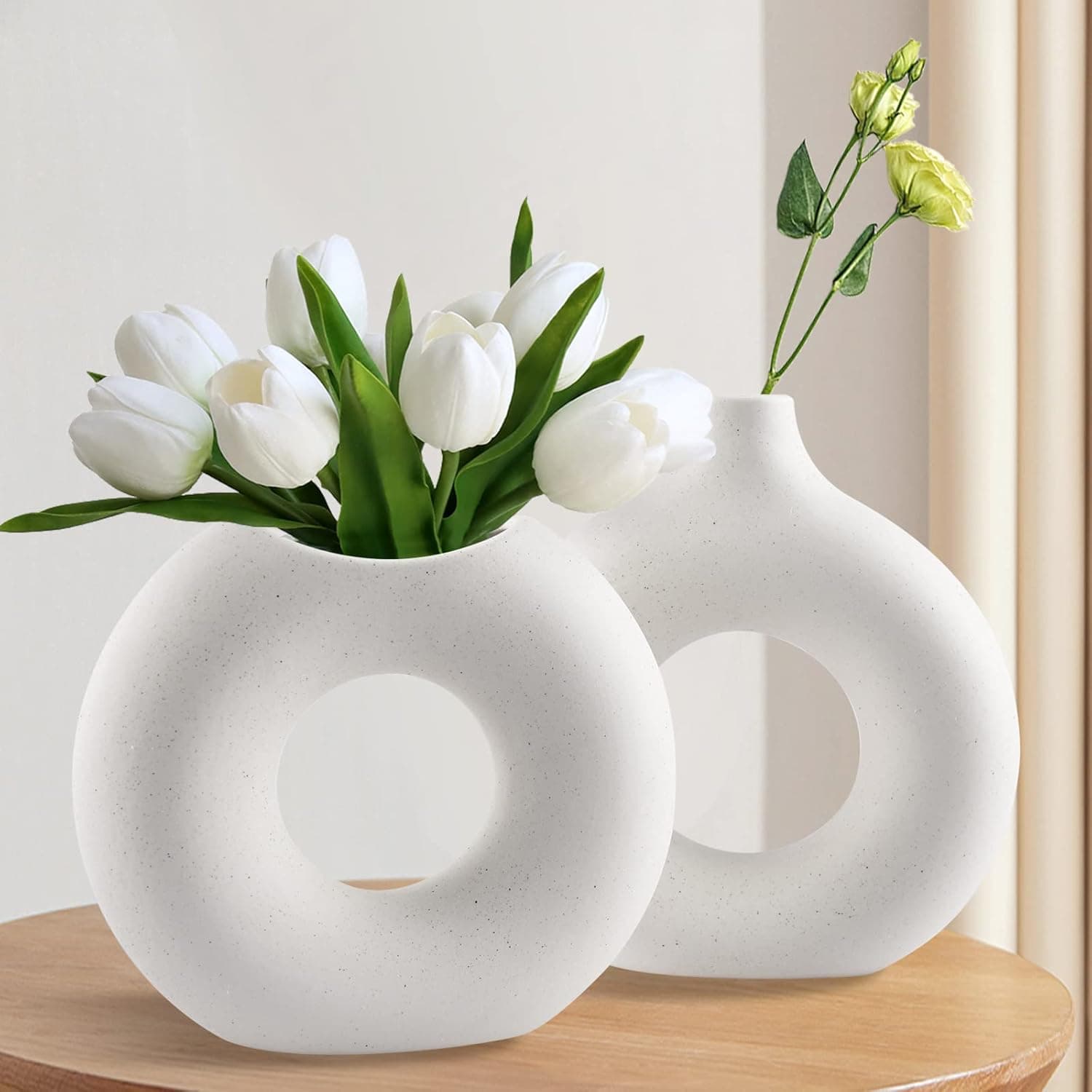 White Ceramic Vase Set, 2 Minimalist Ceramic Vase for Modern Home Decor, Round Boho Flower Vase for Bedroom Kitchen Living Room Wedding Dinner Table Party Office Decor