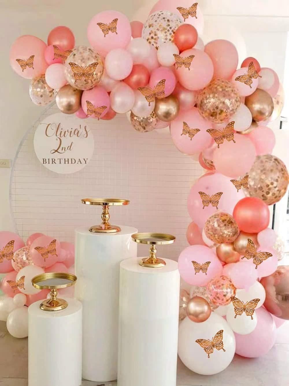 150pcs Rose Gold Pink Butterfly Balloon Garland Arch Kit Theme Baby Shower Birthday Bachelorette Party Decorations for Girl Women, Rose Gold Pink Balloons, Baby Girl Balloon